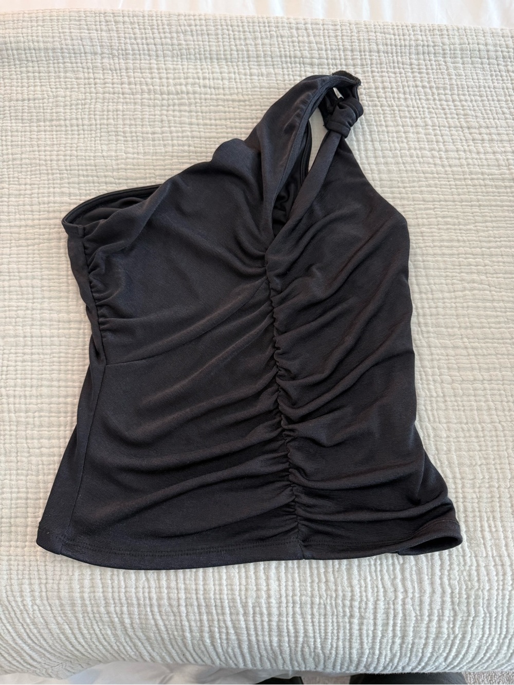 Anthropologie Black One-Shoulder Ruched Tank with Knot Strap